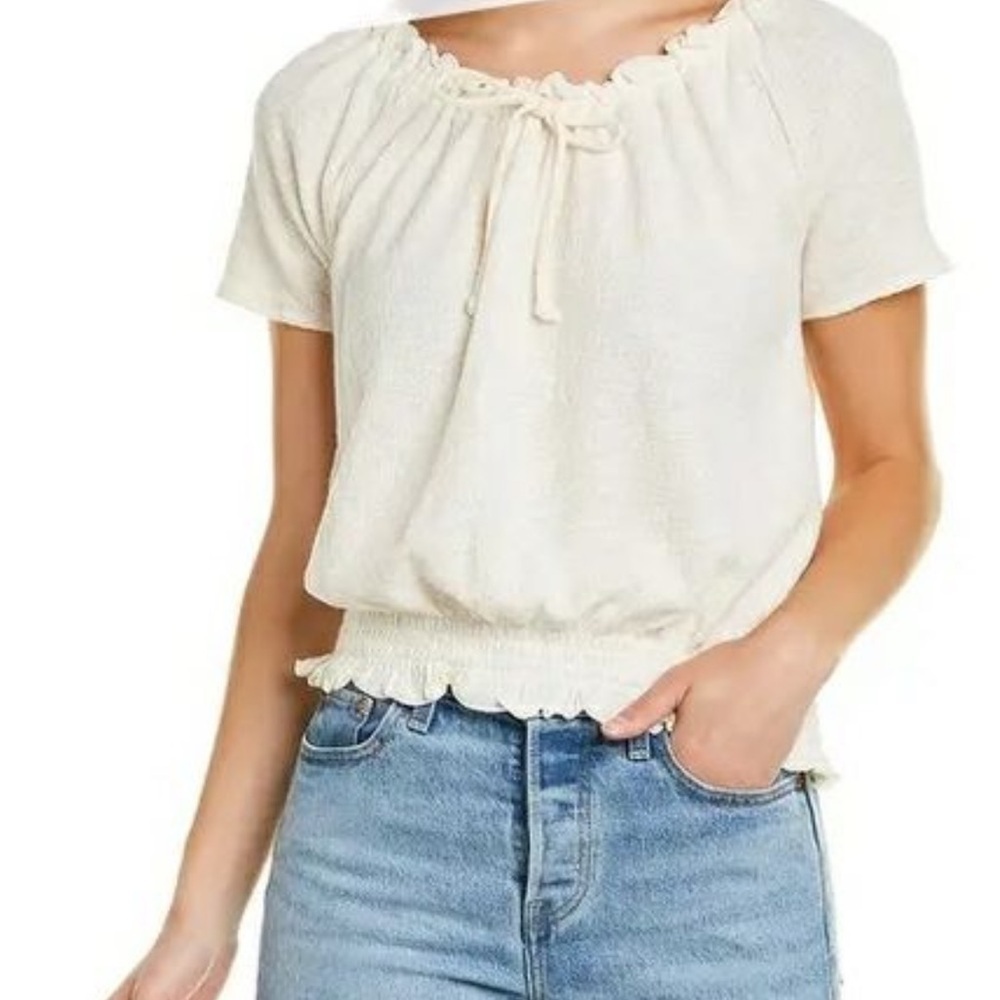 Madewell Cream Short Sleeve Smocked Waist Peasant Top